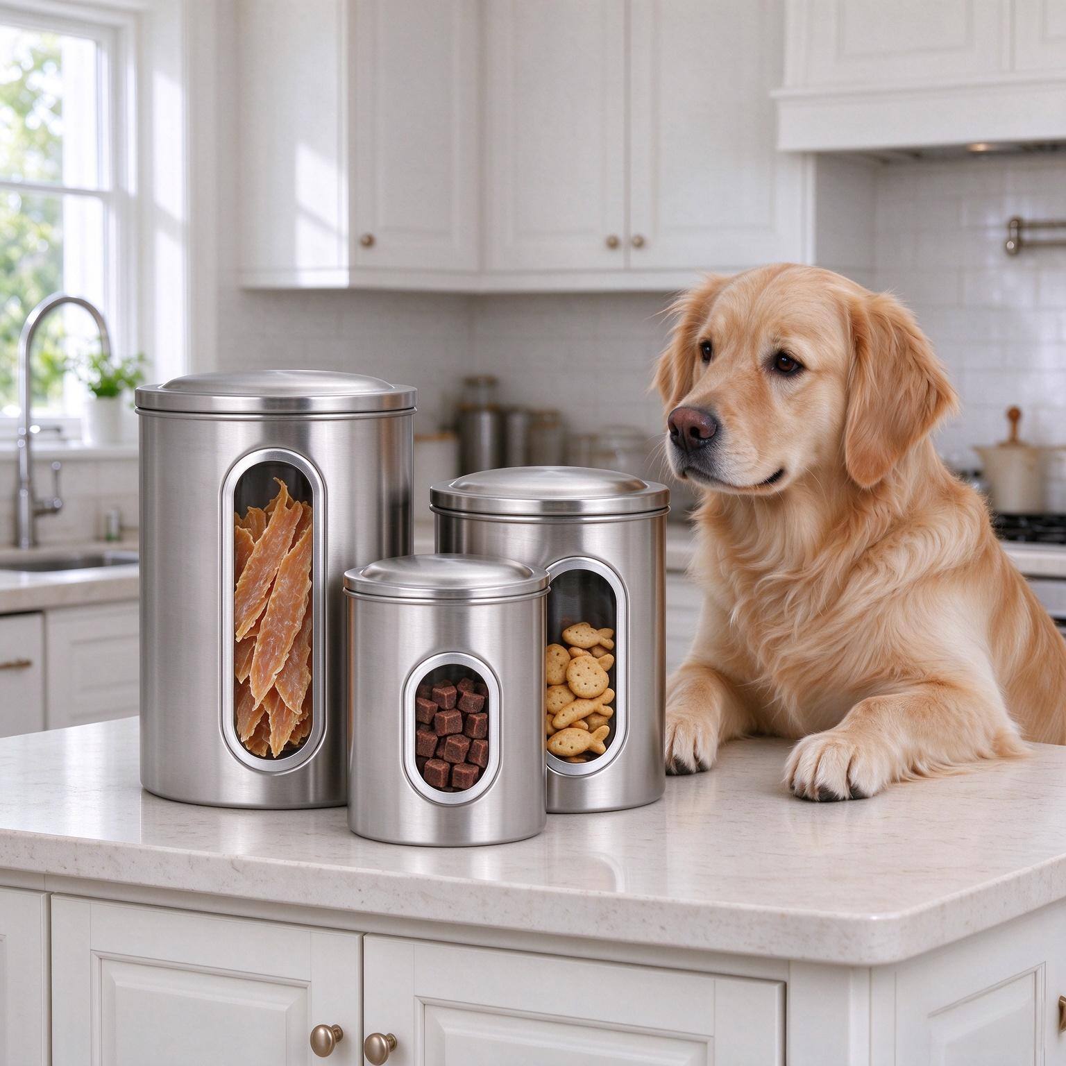 Front. Malletson - 3-Piece Stainless Steel Pet Treat Canister Set with Clear View Windows & Airtight Lids, Kitchen Storage Containers - Sliver.