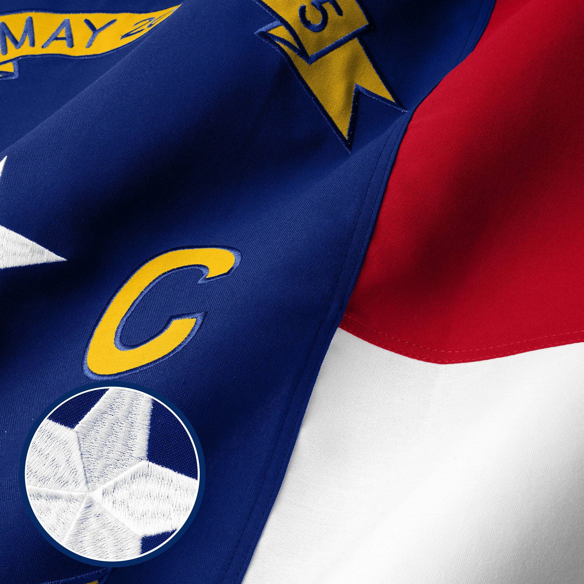 Angle. G128 - North Carolina State Flag, 4 x 6 ft Embroidered 220GSM Spun Polyester with Brass Grommets. - Assorted Colors.
