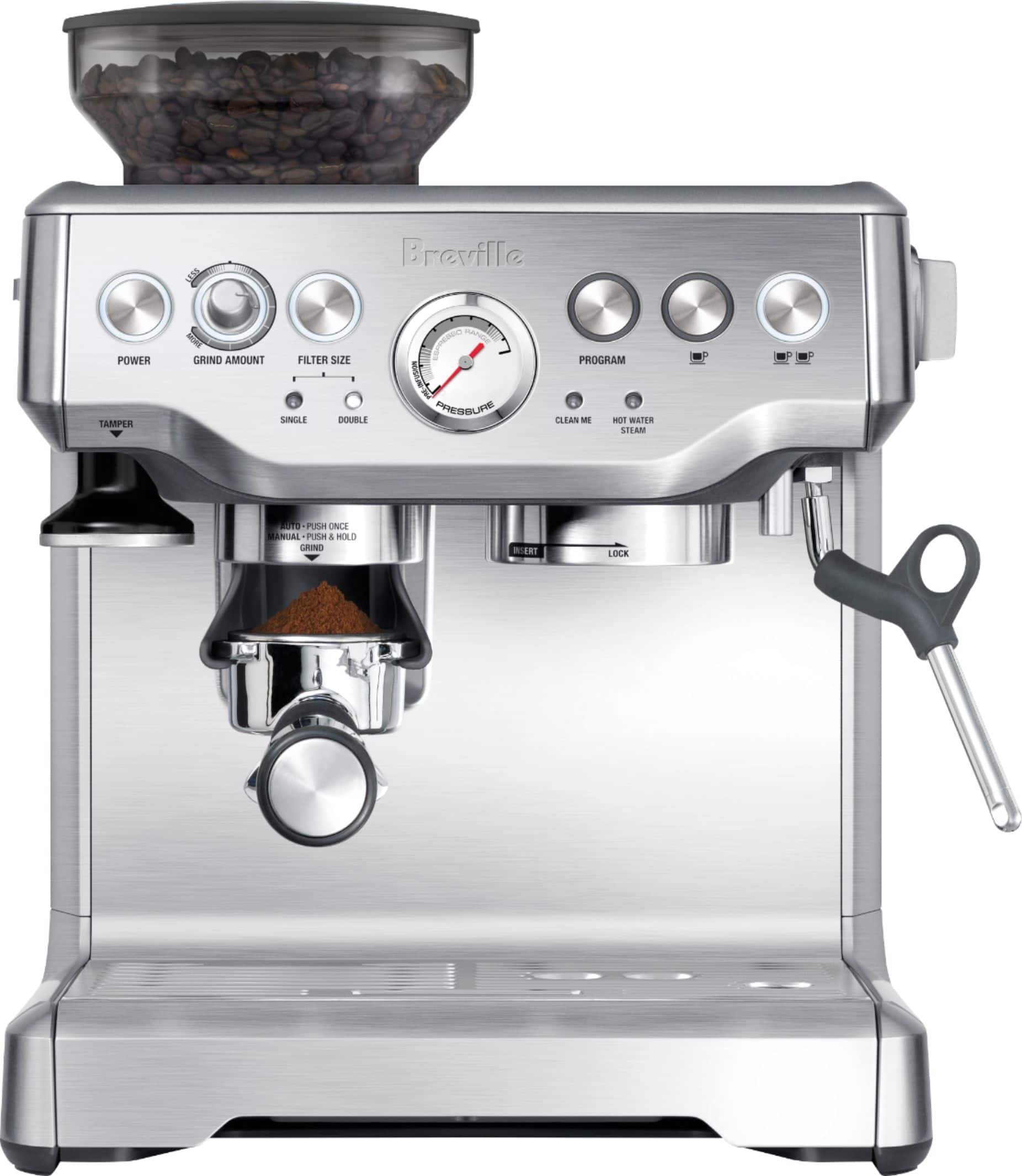 Front. Breville - the Barista Express Espresso Machine with 15 bars of pressure, Milk Frother and intergrated grinder - Stainless Steel.