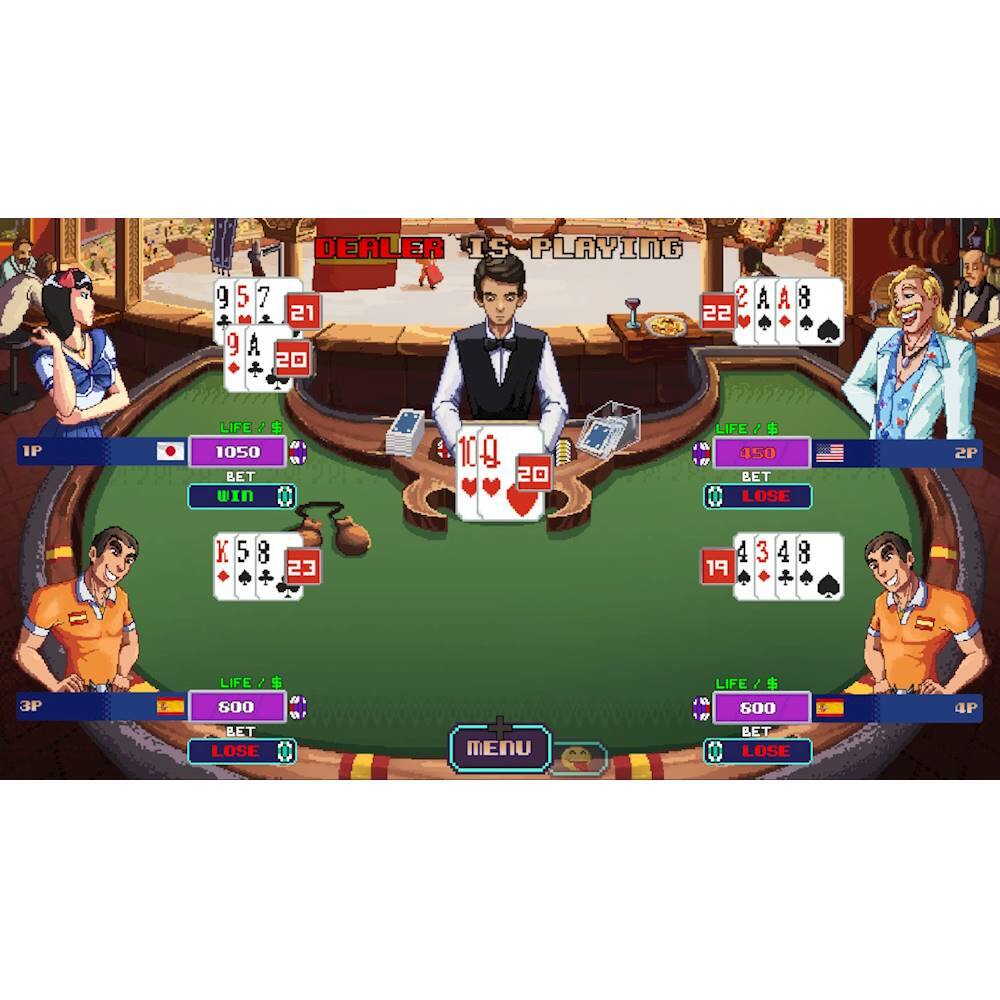 The image shows a group of people playing a card game, with a man in the center of the scene holding a deck of cards. The game appears to be a poker game, as there are multiple decks of cards on the table. The players are seated around the table, with some of them holding cards in their hands. The scene also includes a dining table and chairs, suggesting that the game is taking place in a casual setting.