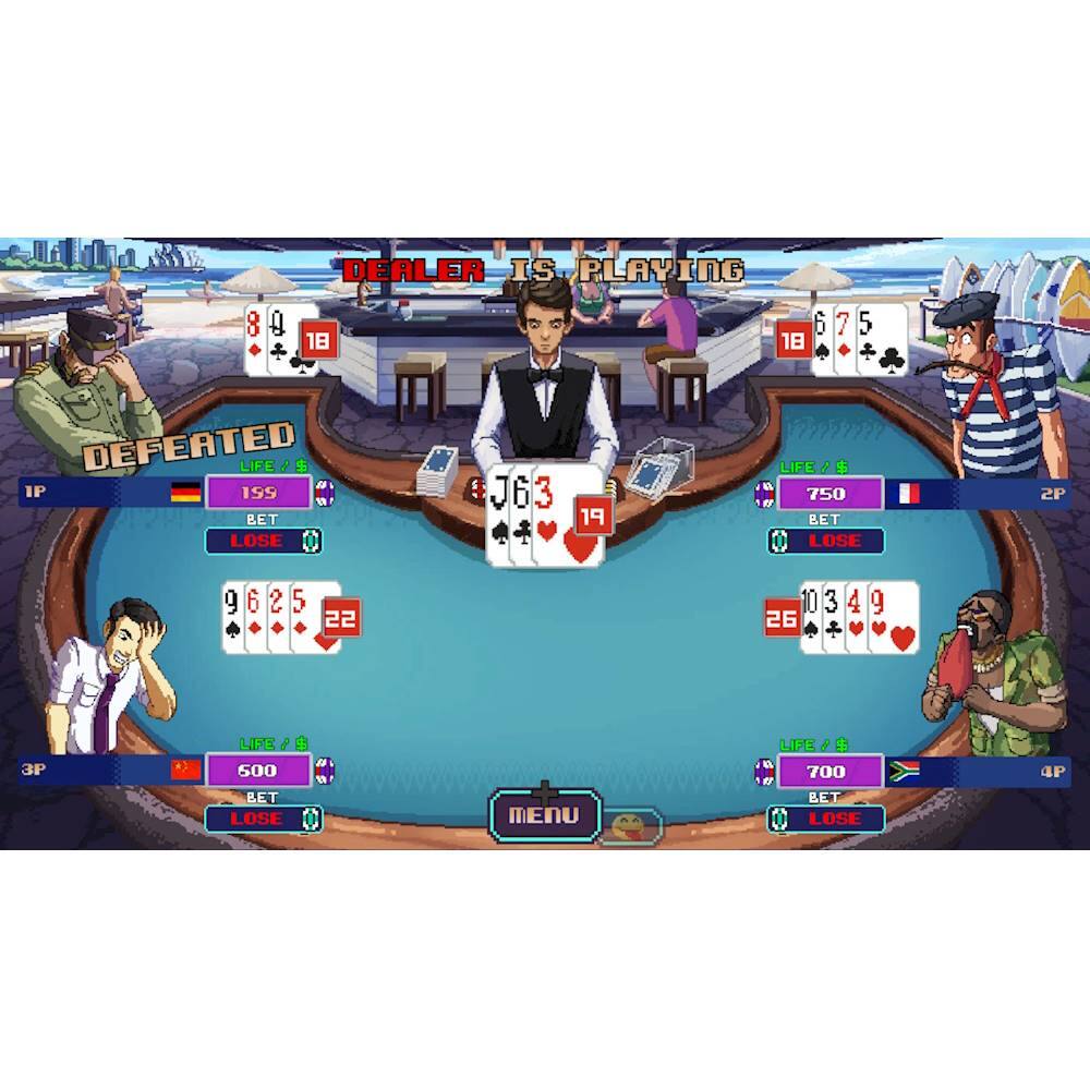 The image shows a group of people playing a card game, likely poker, at a casino. There are three men in the scene, with one man sitting at the table and two others standing nearby. The table is surrounded by chairs, and there are several cups placed on the table.

The image also features a large number of playing cards scattered around the table, indicating that the game is in progress. The cards are of various sizes and positions, suggesting that the players are actively engaged in the game. The overall atmosphere of the image is that of a lively and social casino environment.