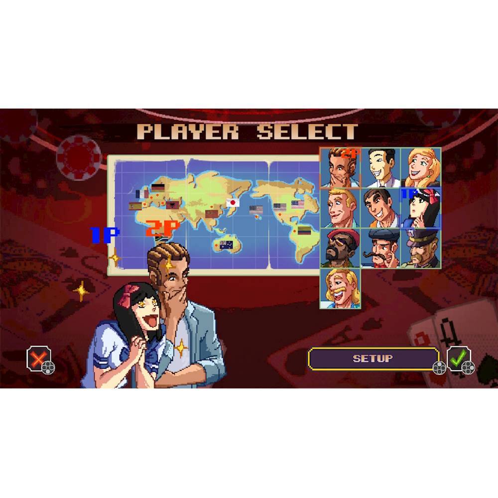 The image features a video game with a map and a selection of characters. The largest text in the image reads "PLAYER SELECT." The following text is cleaned up to read "1P 2P SETUP."