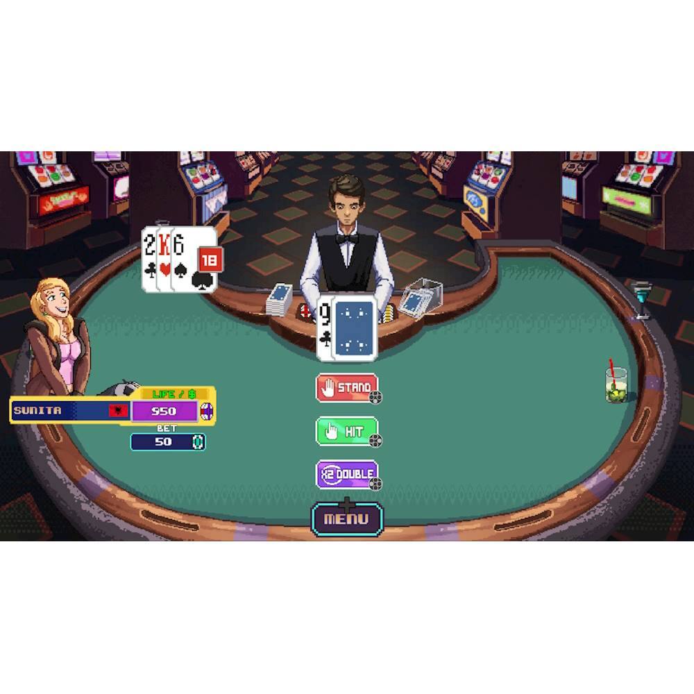 The image features a man sitting at a poker table, surrounded by various objects such as a cup, a cell phone, and a TV. The man is wearing a black vest and appears to be dealing cards. The table is filled with numerous cards, including a 2K6 card. The scene also includes a woman standing nearby, and a few other people can be seen in the background. The image captures the excitement and atmosphere of a casino or poker room.