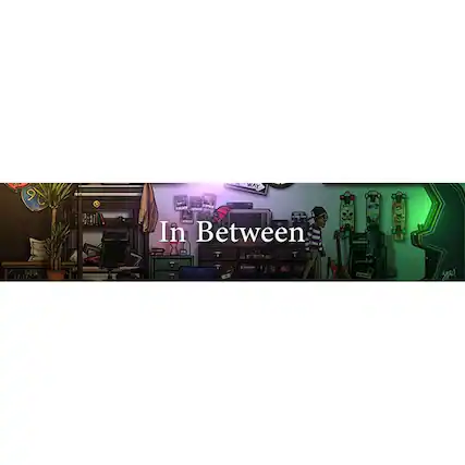 The image shows a room with a bed, a desk, and a guitar. The text "In Between" is displayed prominently in the scene, possibly indicating the room's purpose or the person's lifestyle. The room also features a skateboard, suggesting that the person might be interested in skateboarding or other similar activities. - E10+ (Everyone 10+)
