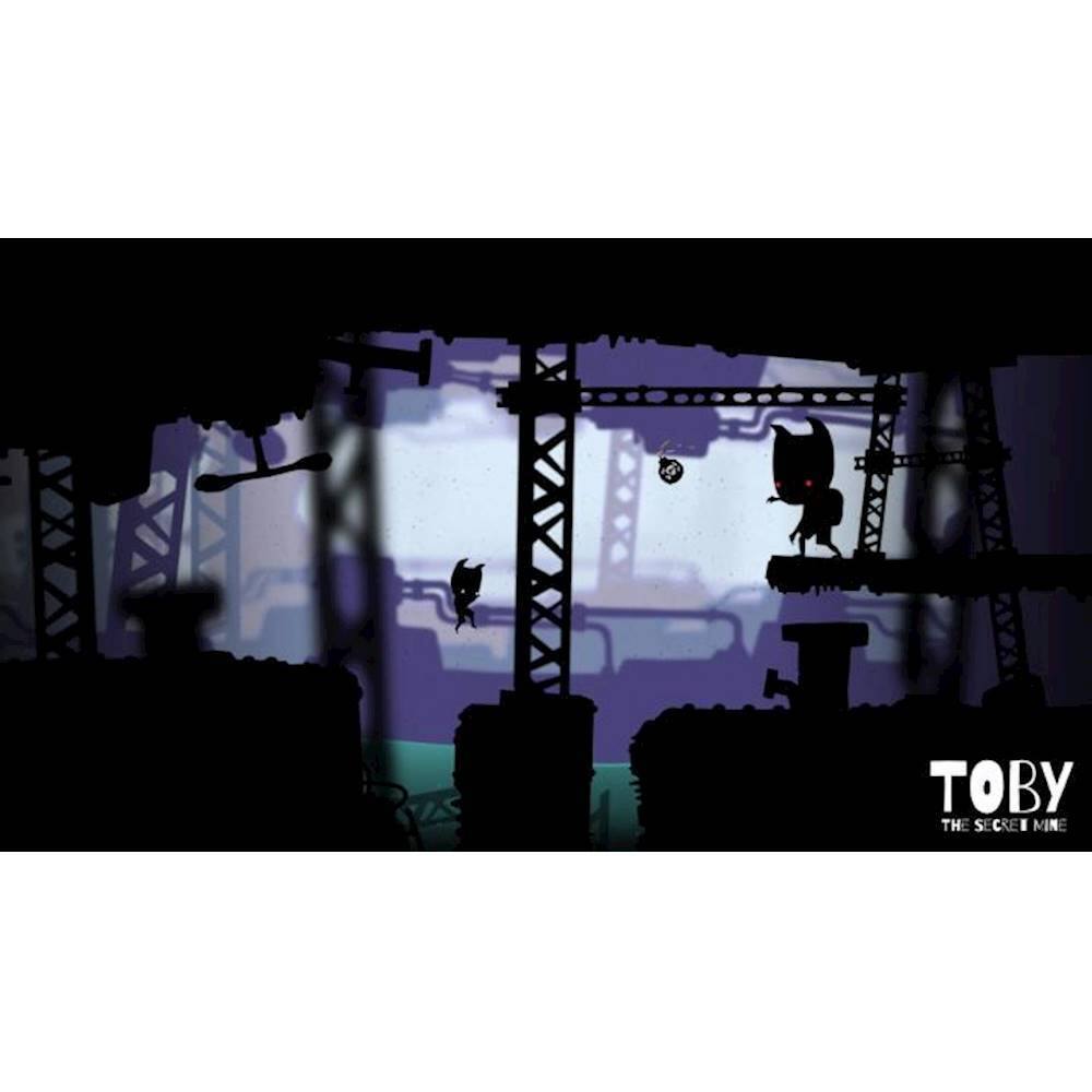 The image features a cat in a dark environment, possibly a cave, with a bridge and a cat statue nearby. The cat is walking on a beam, and there is a ball in the scene. The image is likely part of a video game, as it is described as a "game screen." The text "TOBY THE SECRET MINE" is also present in the image, which suggests that the game might be called "Toby the Secret Mine."