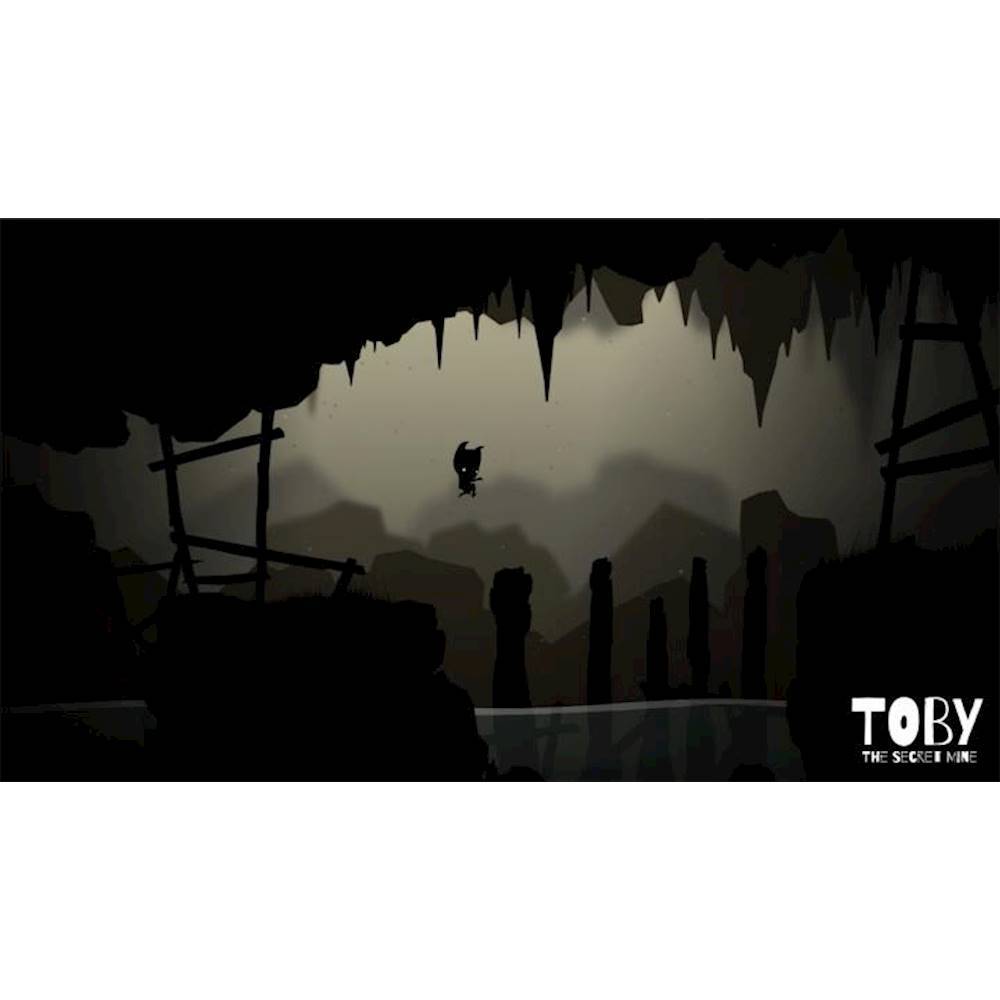 The image features a cave with a person inside, possibly a miner, and a bird flying in the background. The cave appears to be dark, and the person is standing near a wooden structure. The scene is reminiscent of a video game, possibly a game called "Toby the Secret Mine."