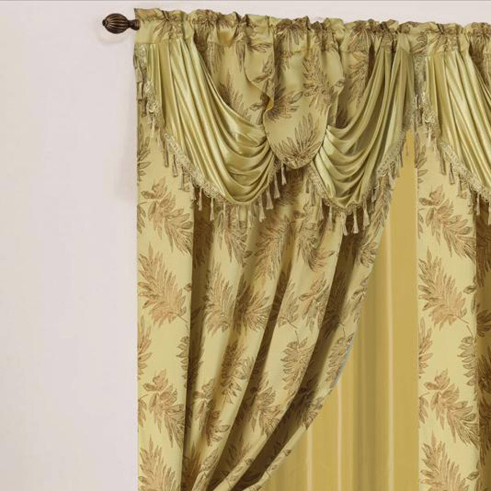 Left. Olivia Gray - Olivia Gray Palm Floral Textured Jacquard 54 x 84 in. Single Rod Pocket Curtain Panel Valance in Gold - Gold.