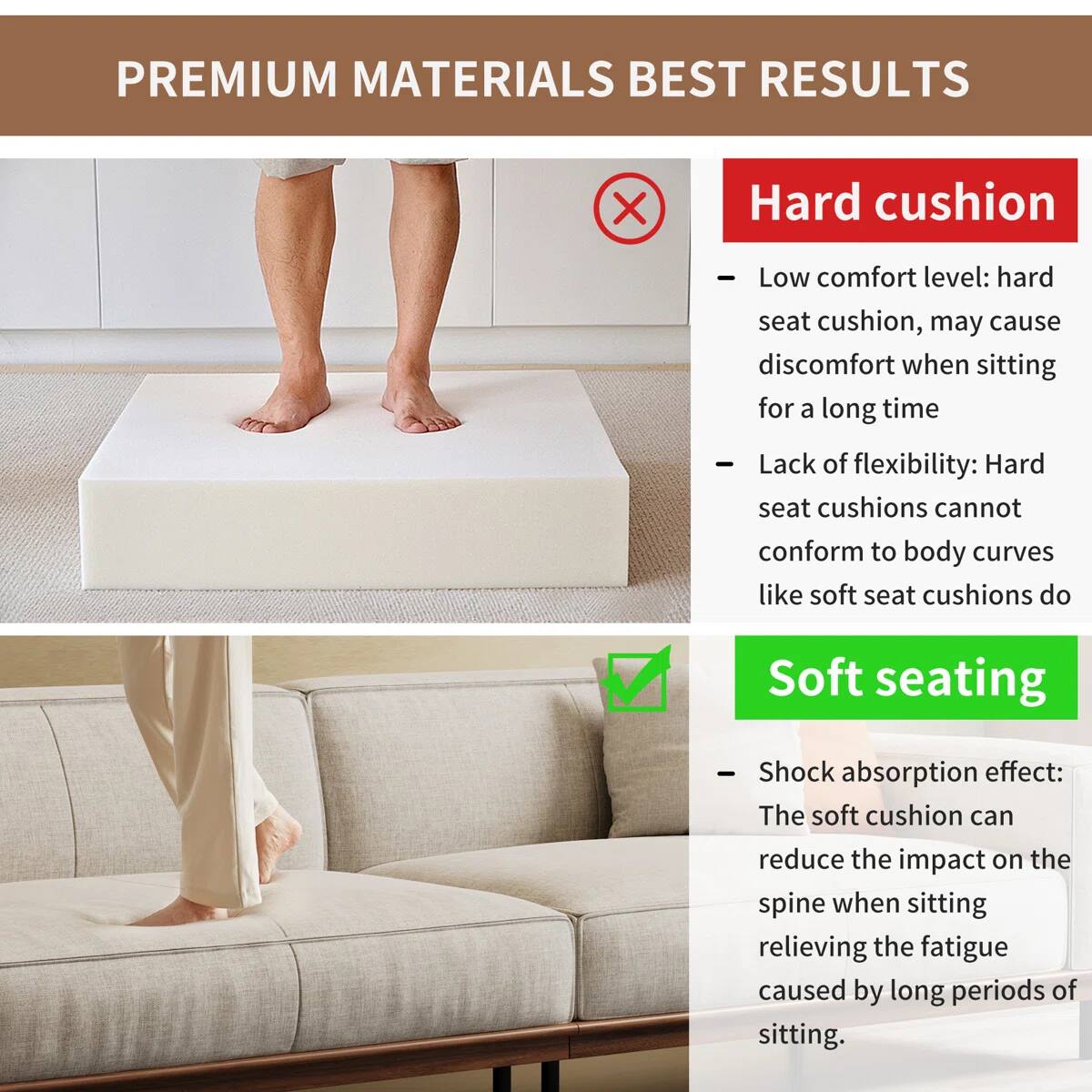 PREMIUM MATERIALS BEST RESULTS

Hard cushion
- Low comfort level: hard seat cushion, may cause discomfort when sitting for a long time
- Lack of flexibility: Hard seat cushions cannot conform to body curves like soft seat cushions do

Soft seating
- Shock absorption effect: The soft cushion can reduce the impact on the spine when sitting, relieving the fatigue caused by long periods of sitting.