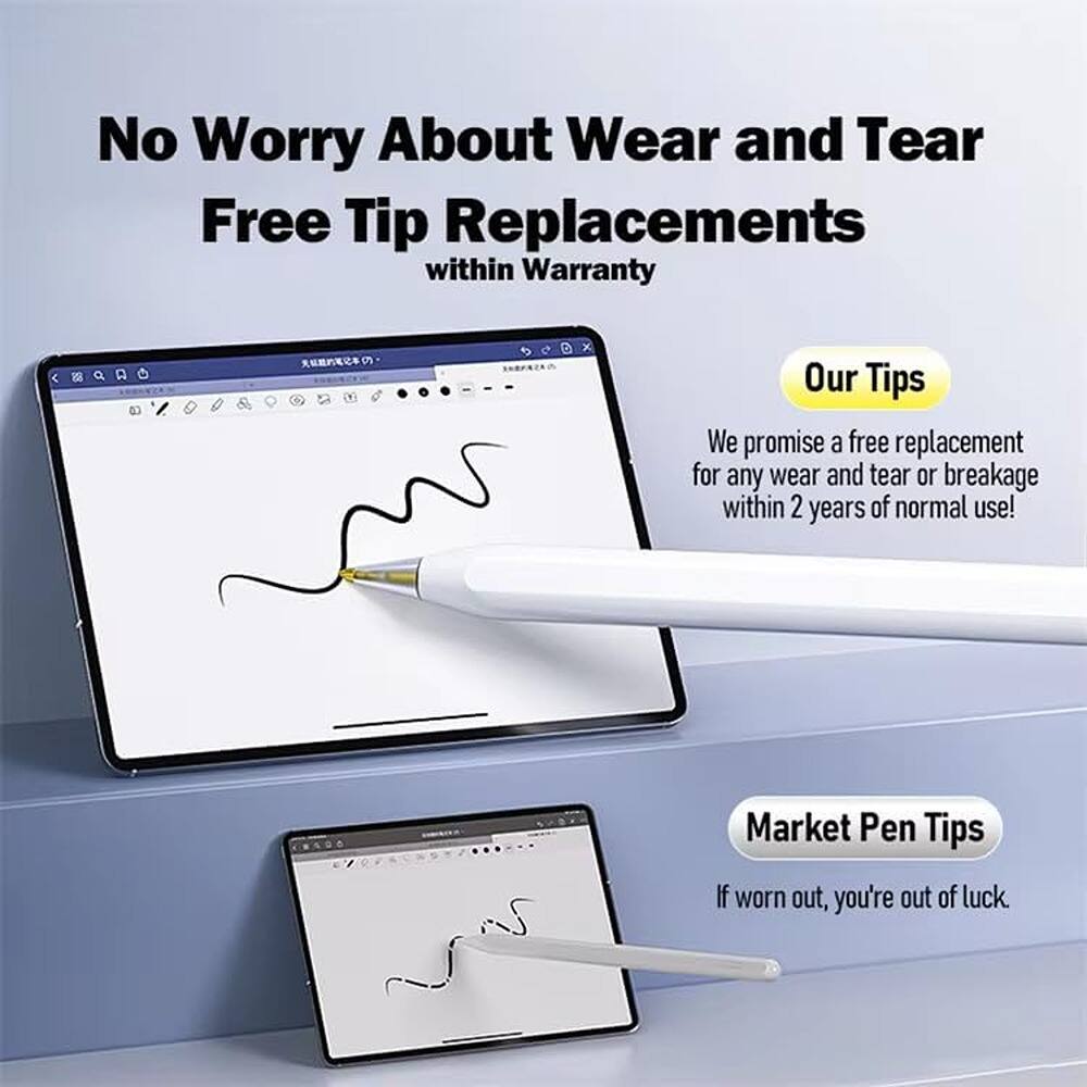 No Worry About Wear and Tear  
Free Tip Replacements within Warranty

Our Tips  
We promise a free replacement for any wear and tear or breakage within 2 years of normal use!

Market Pen Tips  
If worn out, you're out of luck.
