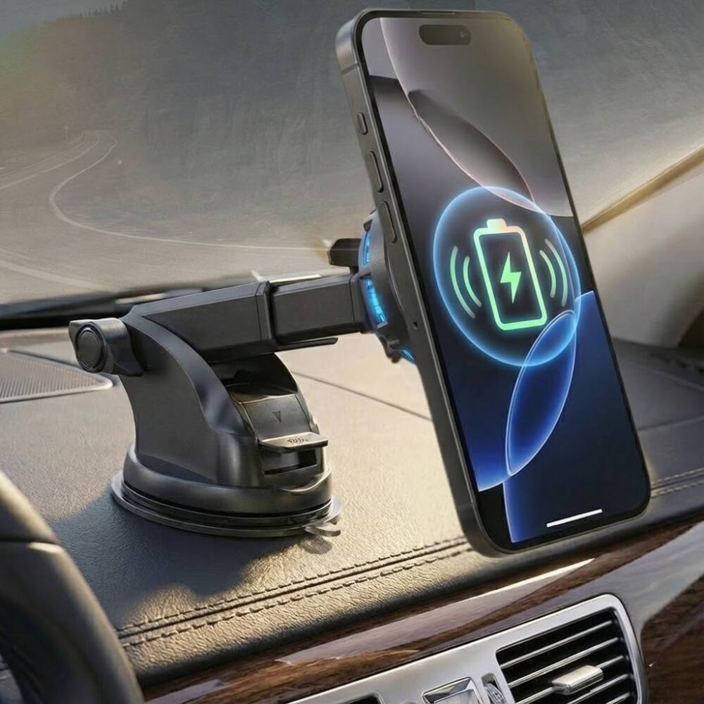 Back. Esoulk - 25W Qi 2.2 Cooling Magnetic Wireless Car Charger  For Dashboard and Windshield Compatible with iPhone 17 Pro Max - Black.