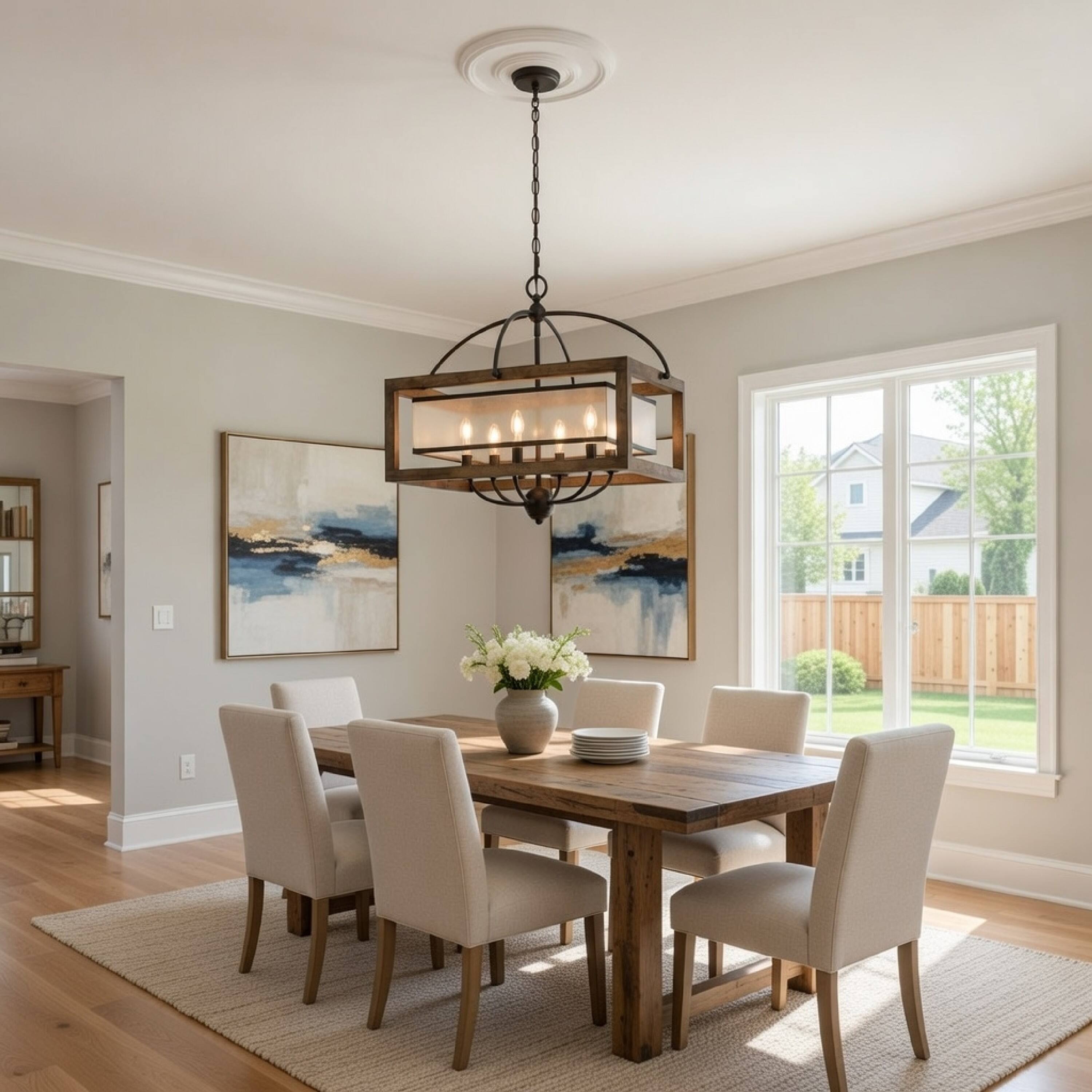 Alt View 2. Manhattan Lane - 6 Bulb Square Chandelier with Wooden Frame and Organza Striped Shade - Brown.