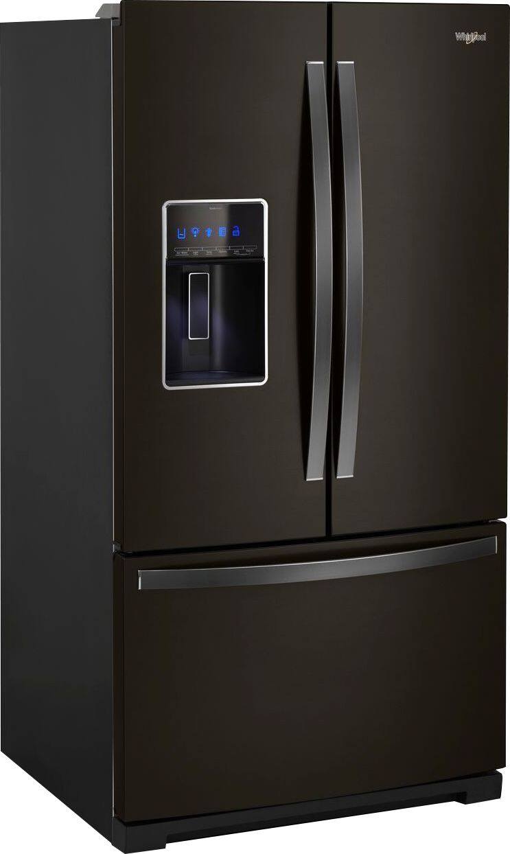Angle. Whirlpool - 27 Cu. Ft. French Door Refrigerator with Platter Pocket - Black Stainless Steel.