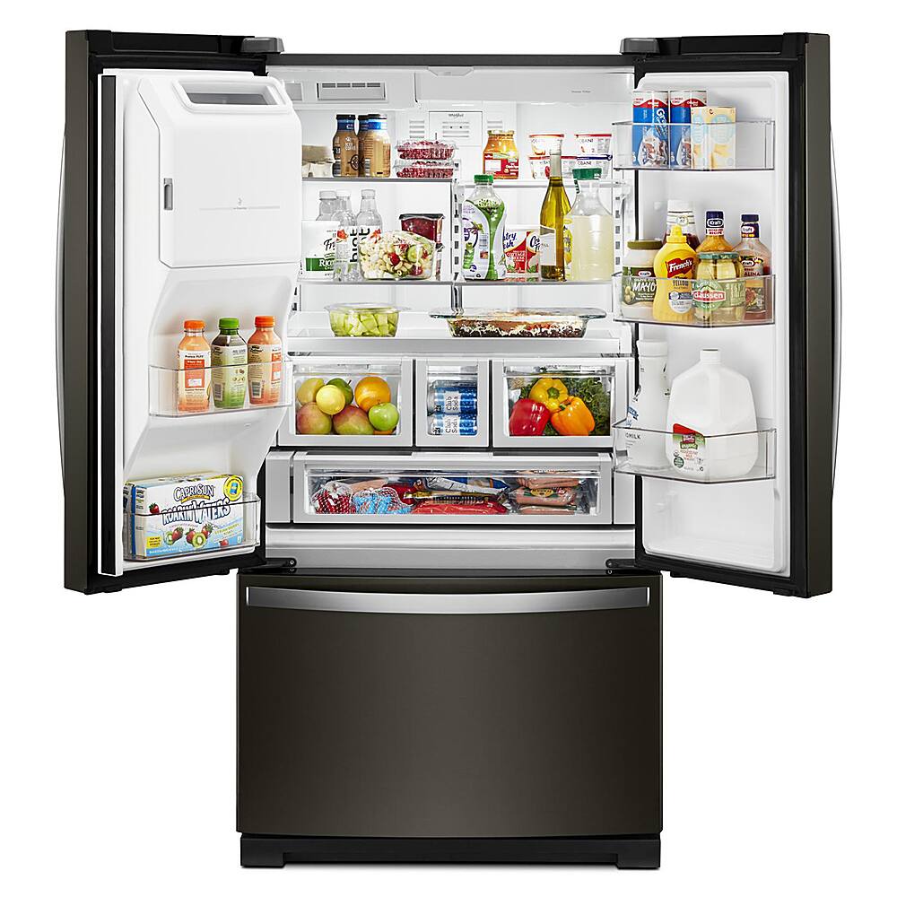 Left. Whirlpool - 27 Cu. Ft. French Door Refrigerator with Platter Pocket - Black Stainless Steel.