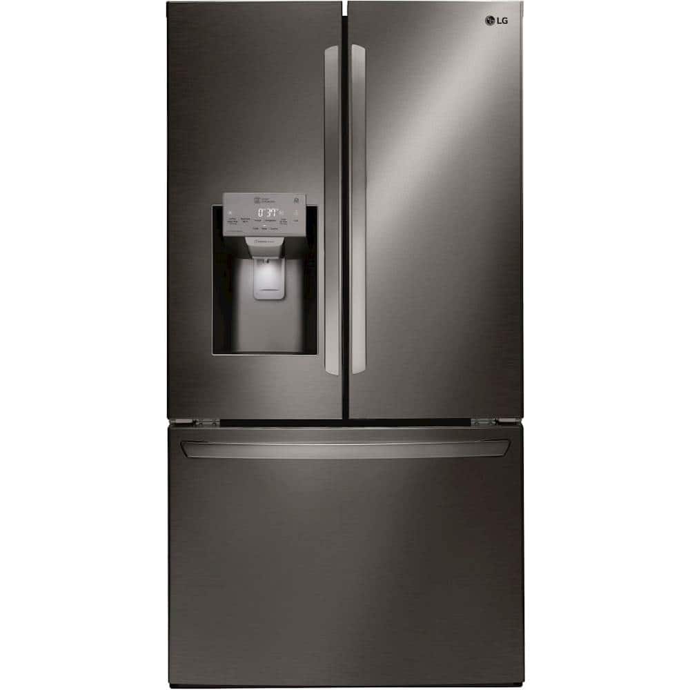 Front. LG - 22.1 Cu. Ft. French Door Counter-Depth Smart Refrigerator with External Tall Ice and Water - Black Stainless Steel.