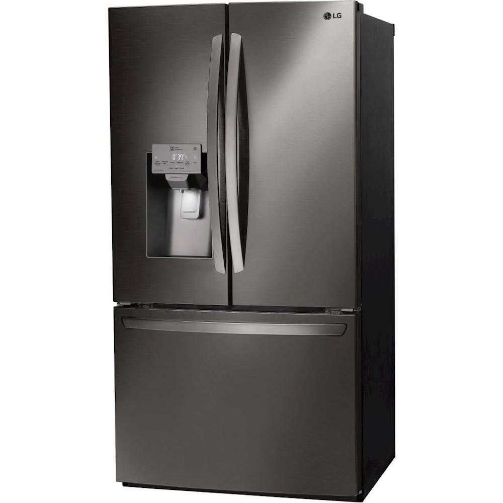 Left. LG - 22.1 Cu. Ft. French Door Counter-Depth Smart Refrigerator with External Tall Ice and Water - Black Stainless Steel.