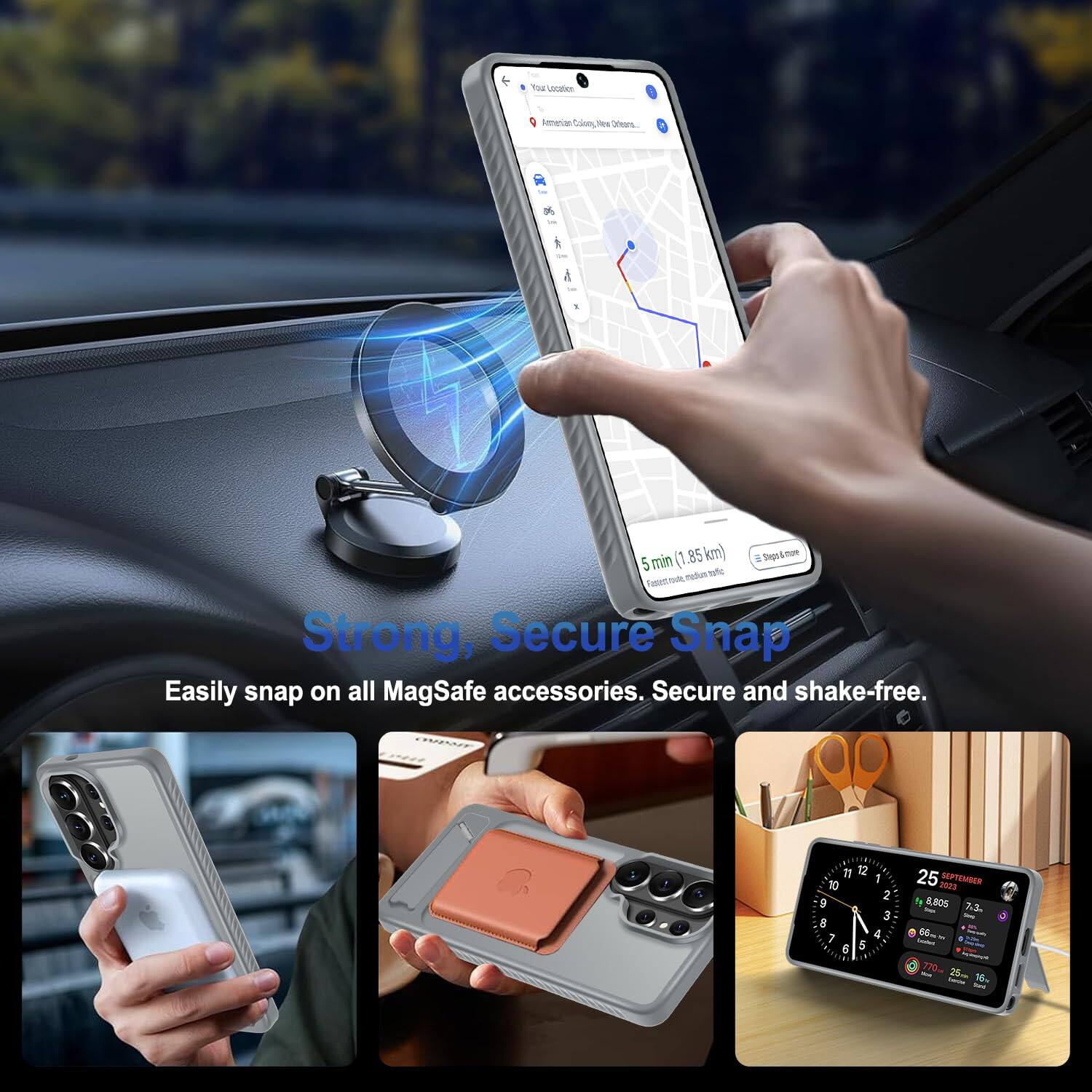Your Location  
American Colony, New Orleans.  
85 km) Seps& cue 5 min (1 medium  

Strong, Secure Snap  
Easily snap on all MagSafe accessories. Secure and shake-free.  

11 12 1 10 2 9 3 8 4 6 5  
25 2023 SEPTEMBER 5g 8,905 73 66mg 770ml 25mm 16%