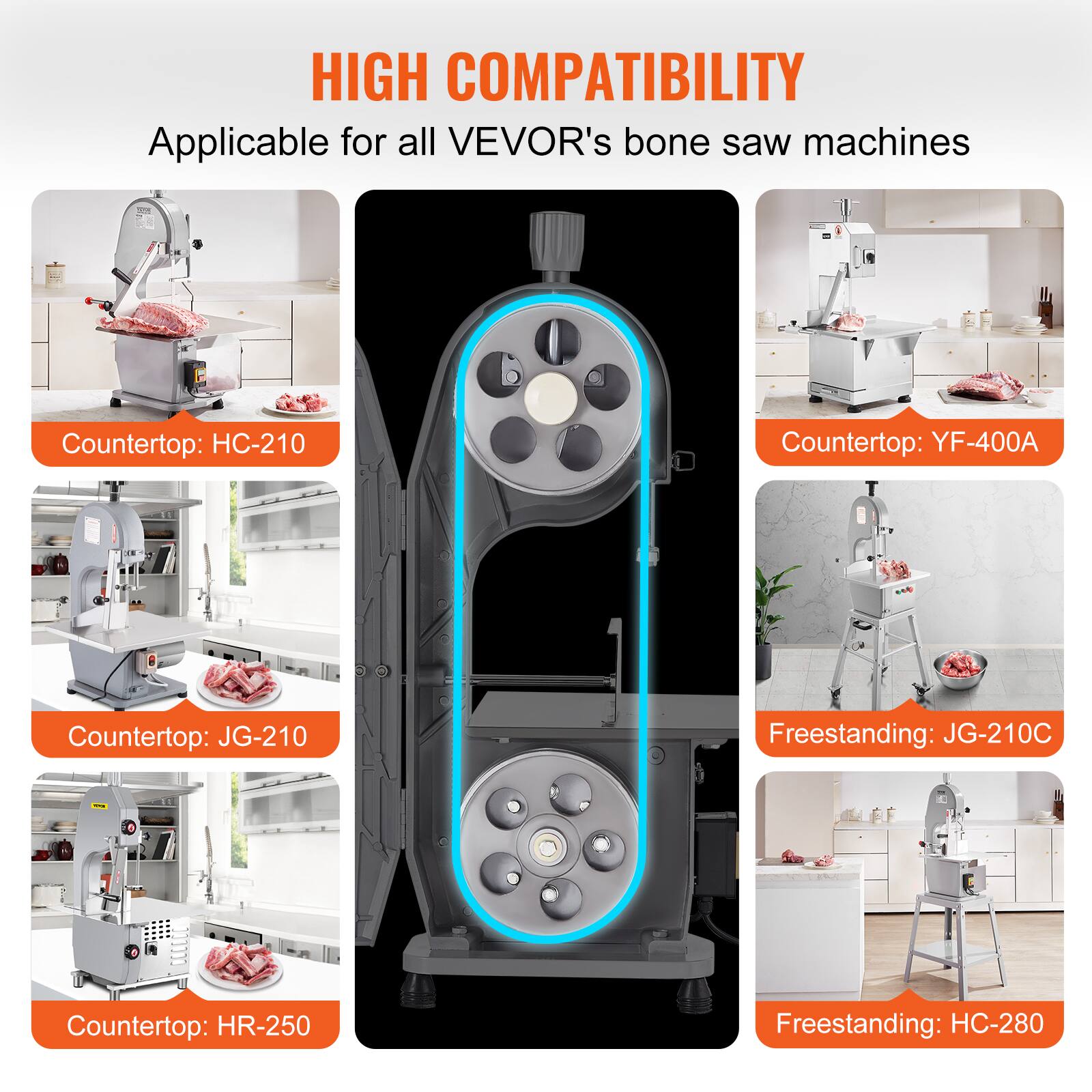 HIGH COMPATIBILITY  
Applicable for all VEVOR's bone saw machines

- Countertop: HC-210
- Countertop: YF-400A
- Countertop: JG-210
- Freestanding: JG-210C
- Countertop: HR-250
- Freestanding: HC-280