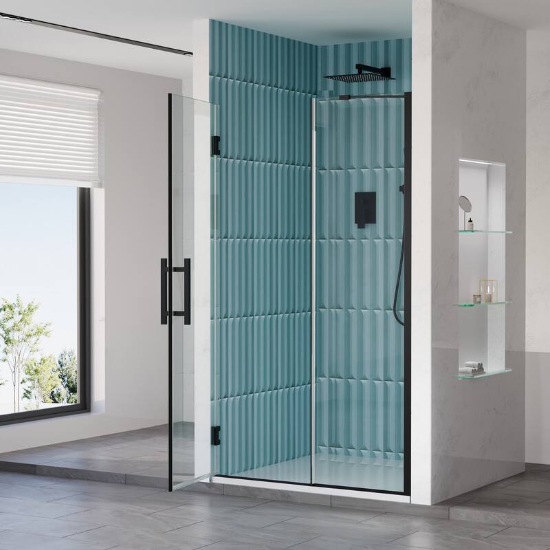 Left. WELLFOR - 43–44 in. W x 72 in. H Frameless Hinged Shower Door with 3/8" Clear Tempered Glass, Reversible Opening - Matte Black.