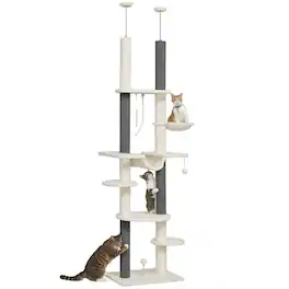 Pawhut - Cat Tree Tower, Floor to Ceiling, Adjustable (89"-100"), 7 Tier, Scratching Posts, Hammock, Balls, Rope, Indoor - White