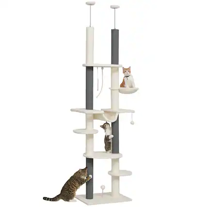 Front. Pawhut - Cat Tree Tower, Floor to Ceiling, Adjustable (89"-100"), 7 Tier, Scratching Posts, Hammock, Balls, Rope, Indoor - White.