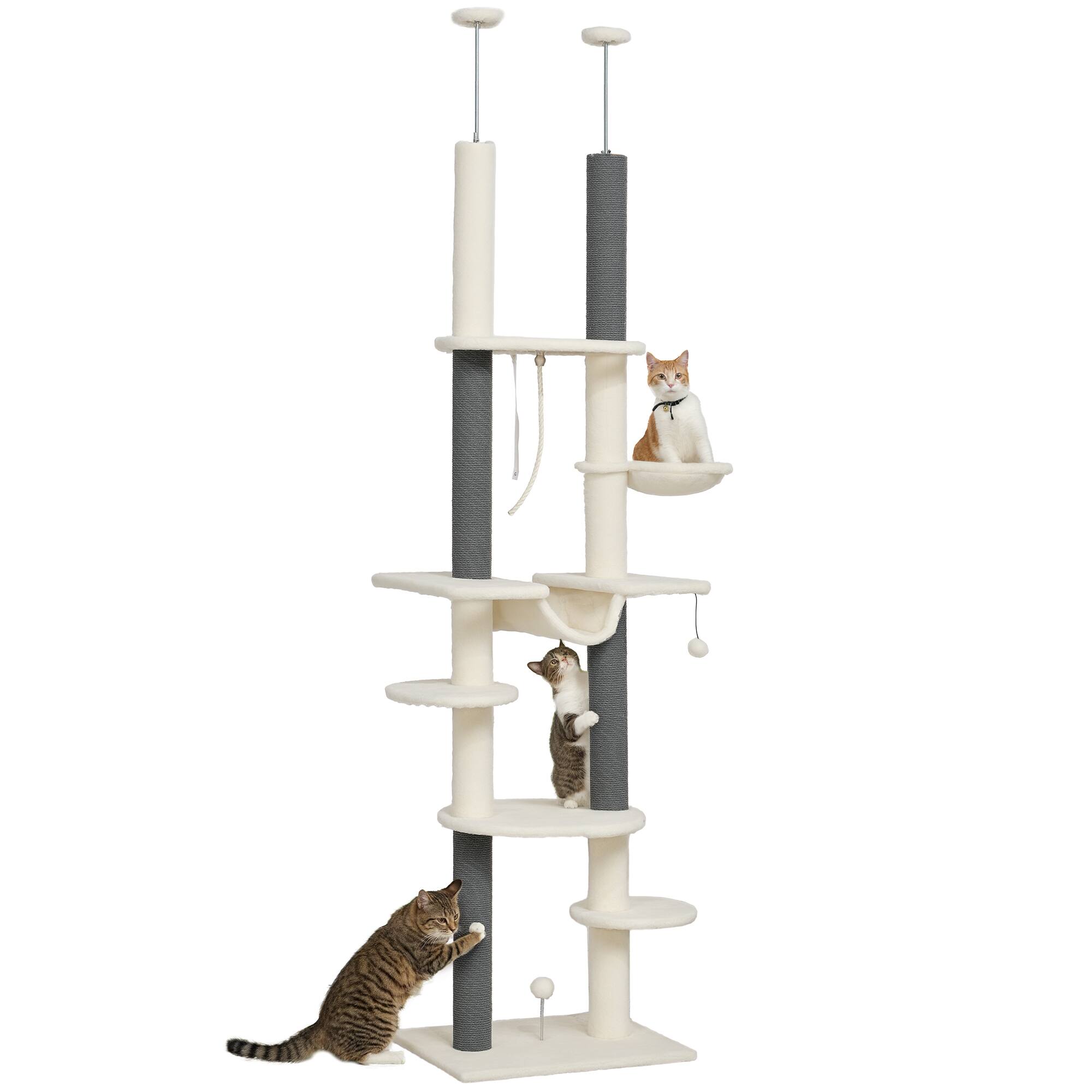 Front. Pawhut - Cat Tree Tower, Floor to Ceiling, Adjustable (89"-100"), 7 Tier, Scratching Posts, Hammock, Balls, Rope, Indoor - White.