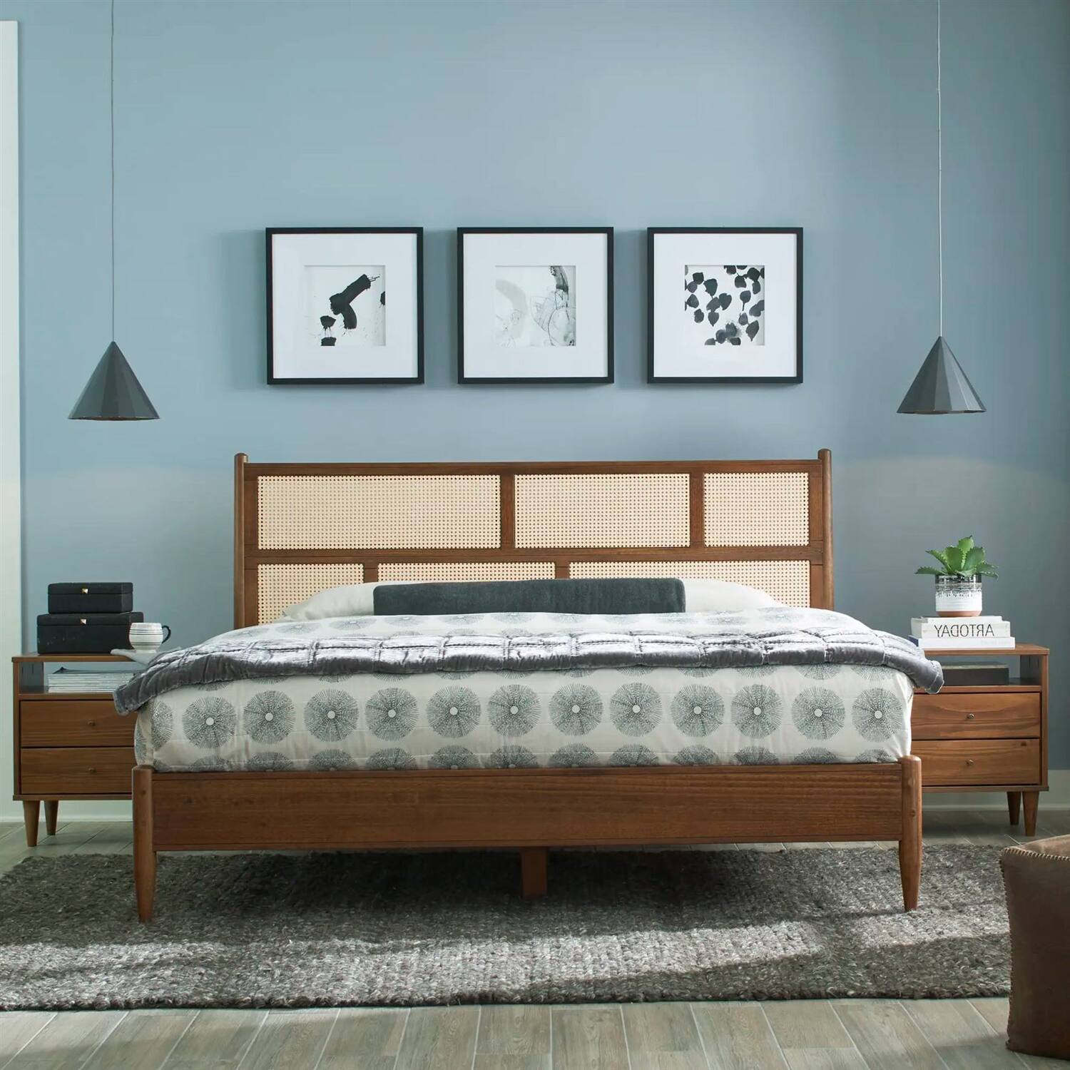 Left. Hivvago - Hivvago King Size Hardwood Platform Bed Frame with Cane Paneling Headboard - Walnut.