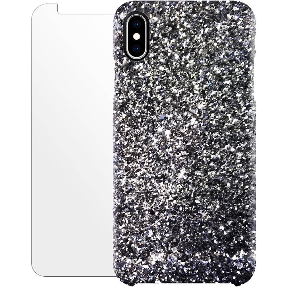 sparkle case with glass screen protector for apple iphone xr - silver