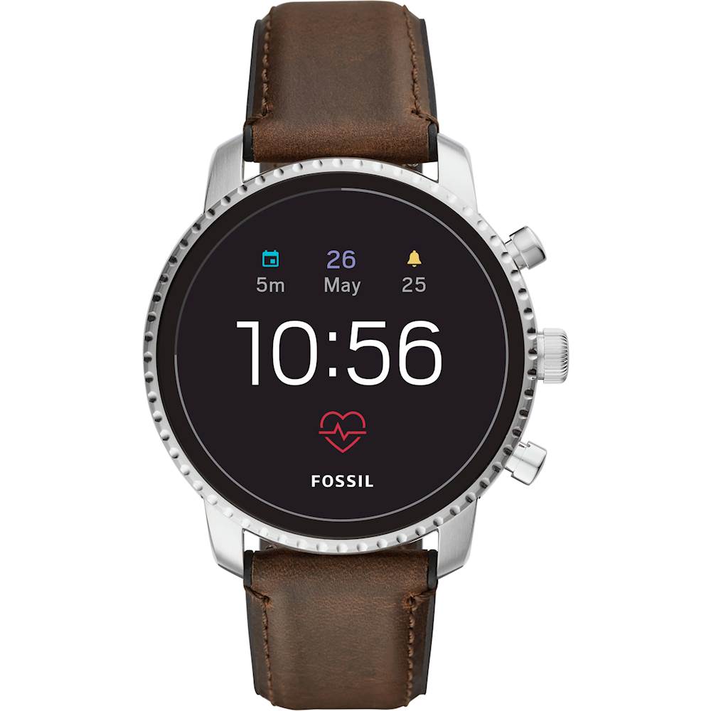 Best Buy: Fossil 4 Explorist HR Smartwatch 45mm Stainless Steel Stainless Steel with Brown Leather Strap FTW4015