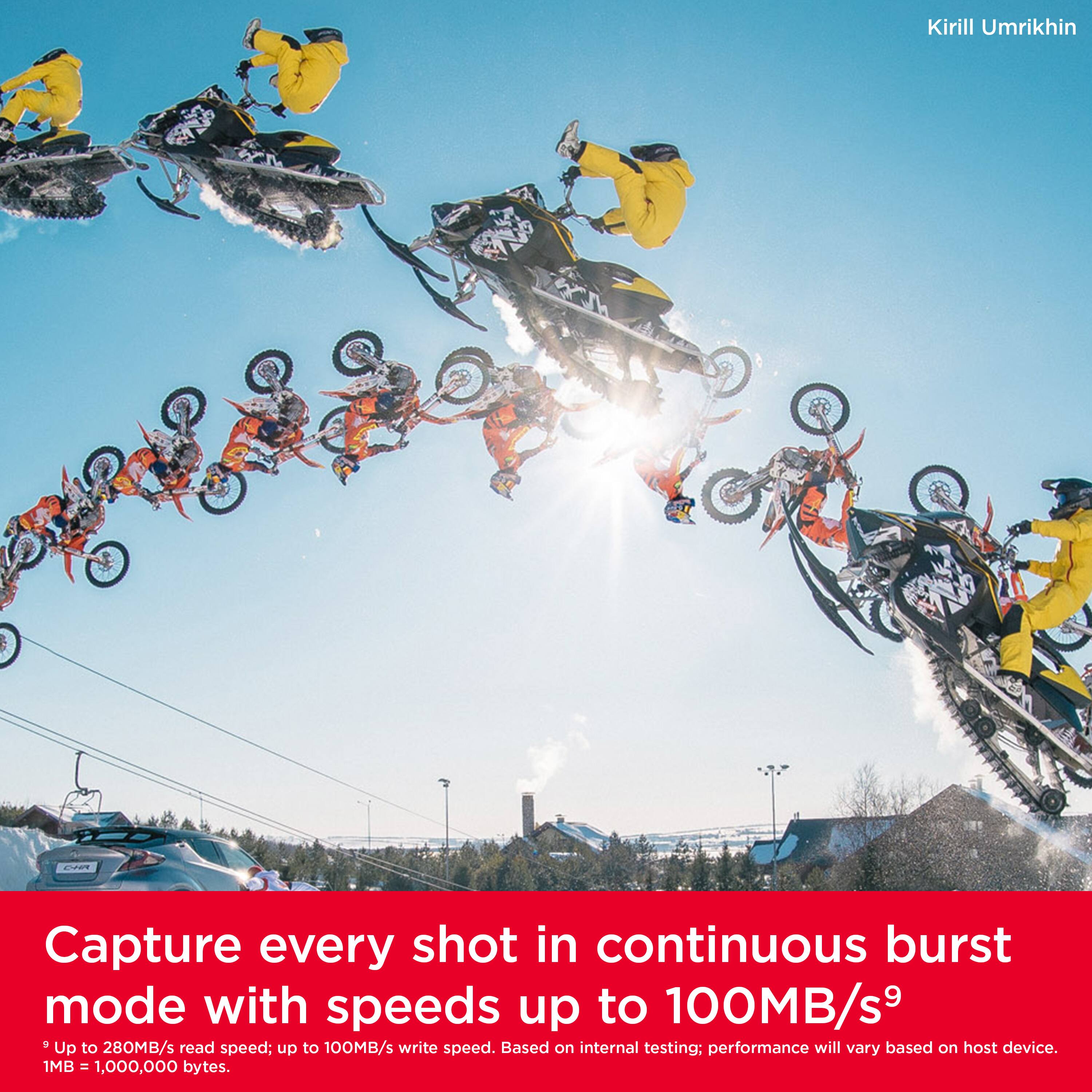 Kirill Umrikhin Capture every shot in continuous burst mode with speeds up to 100MB/s. Up to 28MB/s read speed; up to 100MB/s write speed. Based on internal testing; performance will vary based on host device. 1MB = 1,000,000 bytes.