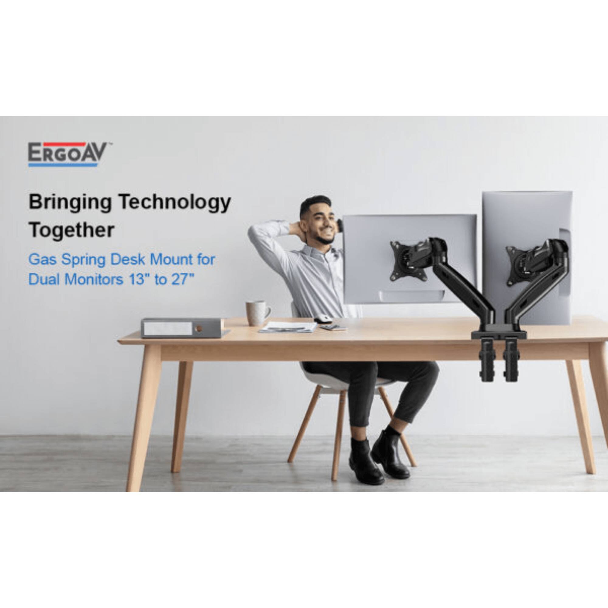 ERGOAV, Bringing Technology Together, Gas Spring Desk Mount for Dual Monitors 13" to 27"