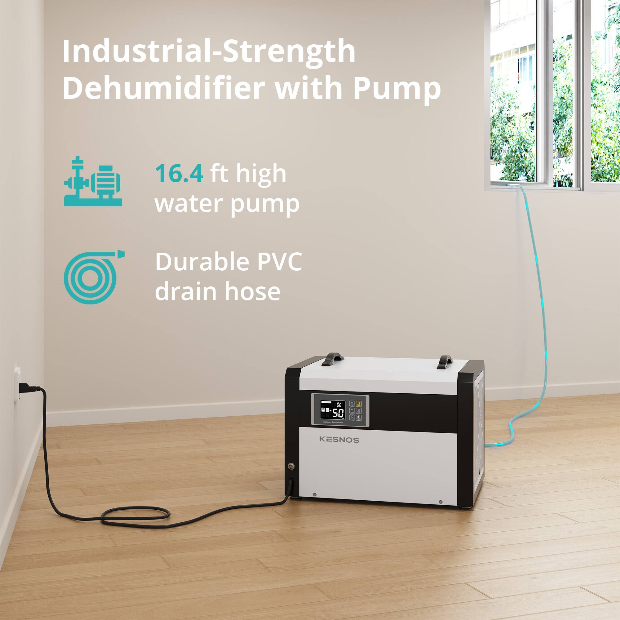 Industrial-Strength Dehumidifier with Pump

16.4 ft high water pump

Durable PVC drain hose