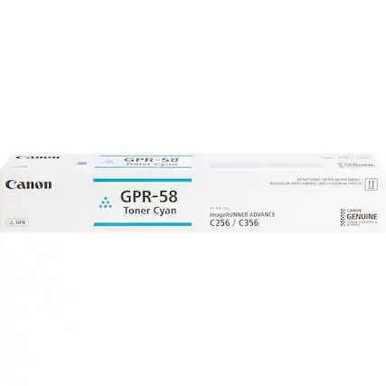 Canon GPR-58 Toner Cyan
GPR-58 Toner Cyan
For Canon imageRUNNER ADVANCE C256 / C356
DO NOT STAND / PAS METTRE DEBOUT / NO COLOCAR VERTICALMENTE / NO COLOQUE NA VERTICAL
Canon Genuine & Parts