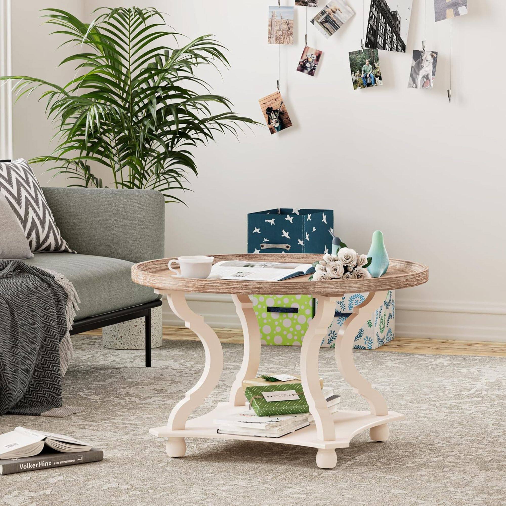 Alt View 5. COZAYH - COZAYH Round Rustic Coffee Table Wood Tray Top Accent Centerpiece Storage, White - Wood, White.