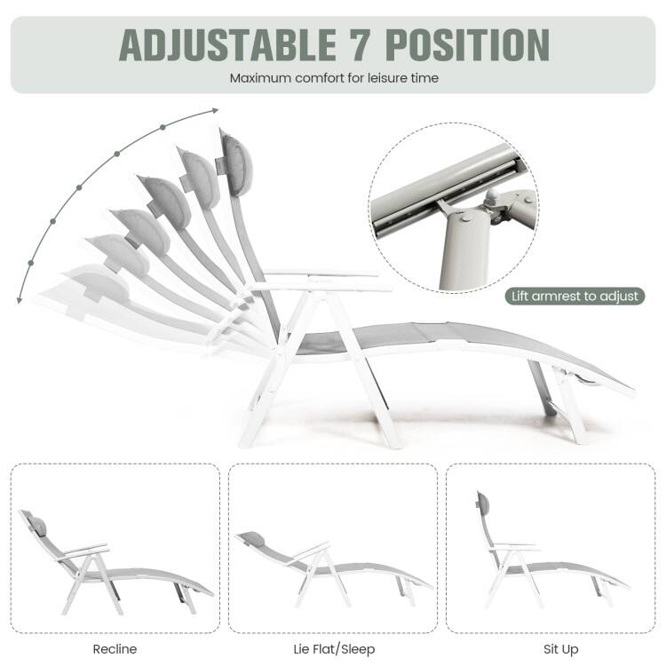 ADJUSTABLE 7 POSITION  
Maximum comfort for leisure time  

Lift armrest to adjust  

Recline  
Lie Flat/Sleep  
Sit Up