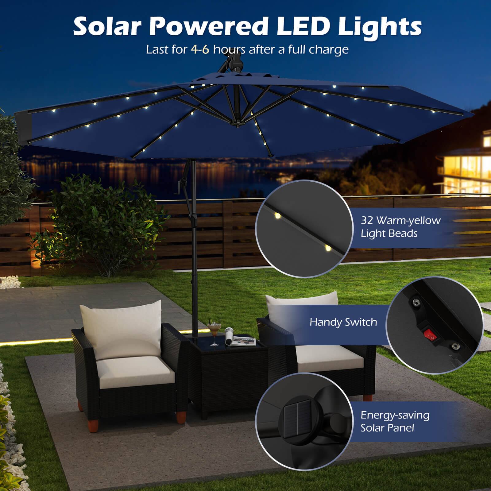 Solar Powered LED Lights  
Last for 4-6 hours after a full charge  

32 Warm-yellow Light Beads  
Handy Switch  
Energy-saving Solar Panel