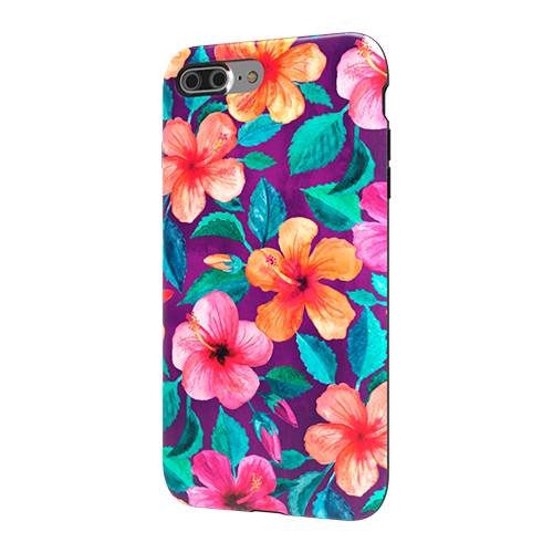 strongfit designers case for apple iphone 7 plus and 8 plus - bright hibiscus blooms in watercolor on purple