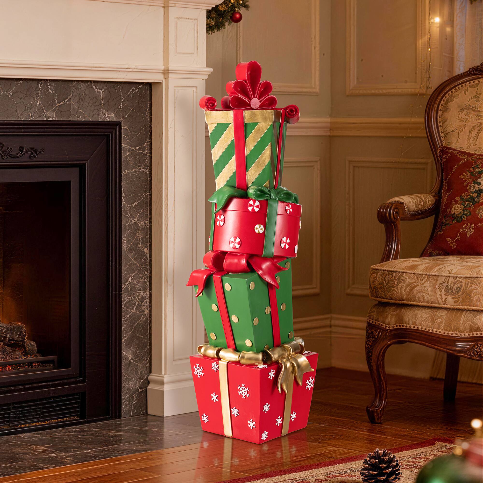 Front. Glitzhome - 30.25"H Christmas Polyresin Stacked Gift Boxes Porch Decor - Multi-Colored.
