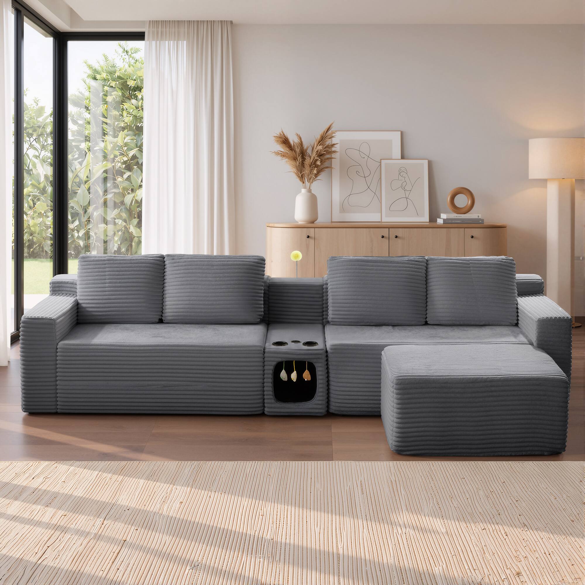 Front. Meqiodas - 118" Corduroy Boneless Couch, Modular Sectional Sofa, with 1 Ottoman, Cat House Design, Storage & Cup Holders - Gray.