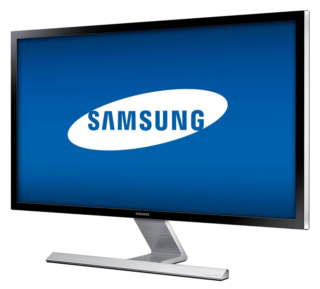 Left View: Samsung - Geek Squad Certified Refurbished UE590 Series 28" LED 4K UHD FreeSync Monitor - Black High Glossy/Metallic Silver