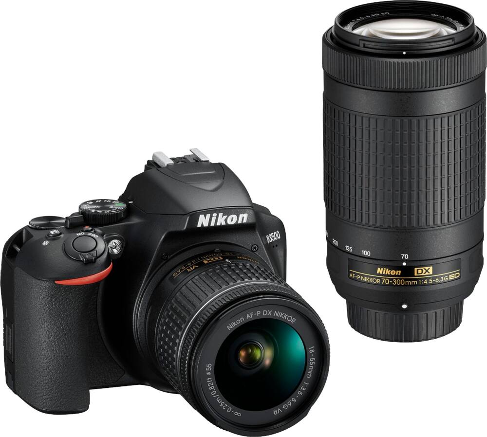 Zoom in on Front Zoom. Nikon - D3500 DSLR Video Two Lens Kit with AF-P DX NIKKOR 18-55mm f/3.5-5.6G VR & AF-P DX NIKKOR 70-300mm f/4.5-6.3G ED - Black.
