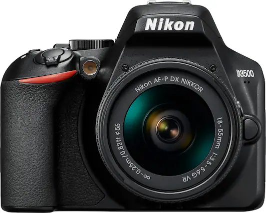 Front. Nikon - D3500 DSLR Video Camera with AF-P DX NIKKOR 18-55mm f/3.5-5.6G VR Lens - Black.