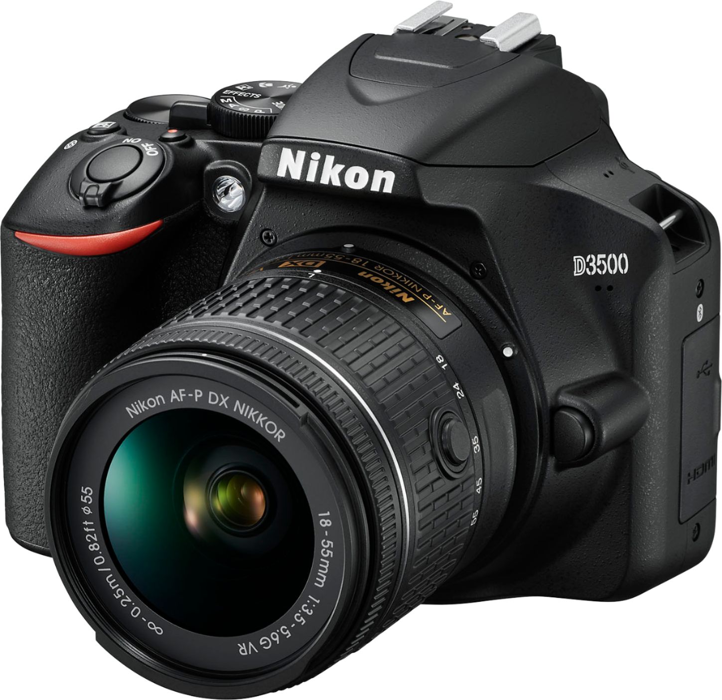 Left View: Nikon - D3500 DSLR Video Camera with AF-P DX NIKKOR 18-55mm f/3.5-5.6G VR Lens - Black