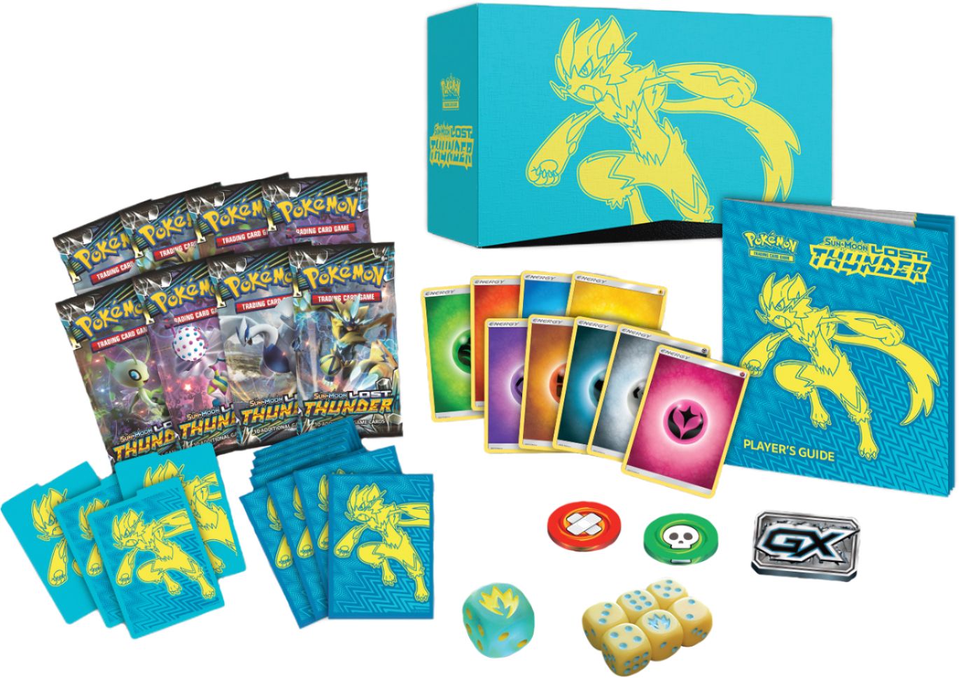 Energy NO PACKS Dice Pokemon Lost Thunder Elite Trainer Box Contents Sleeves 