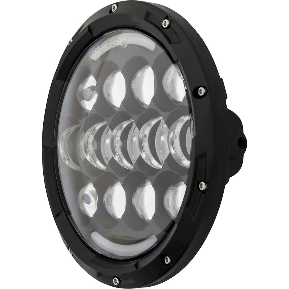 Left View: Heise - 7" 13-LED Round Motorcycle Headlight with Partial Halo - Black