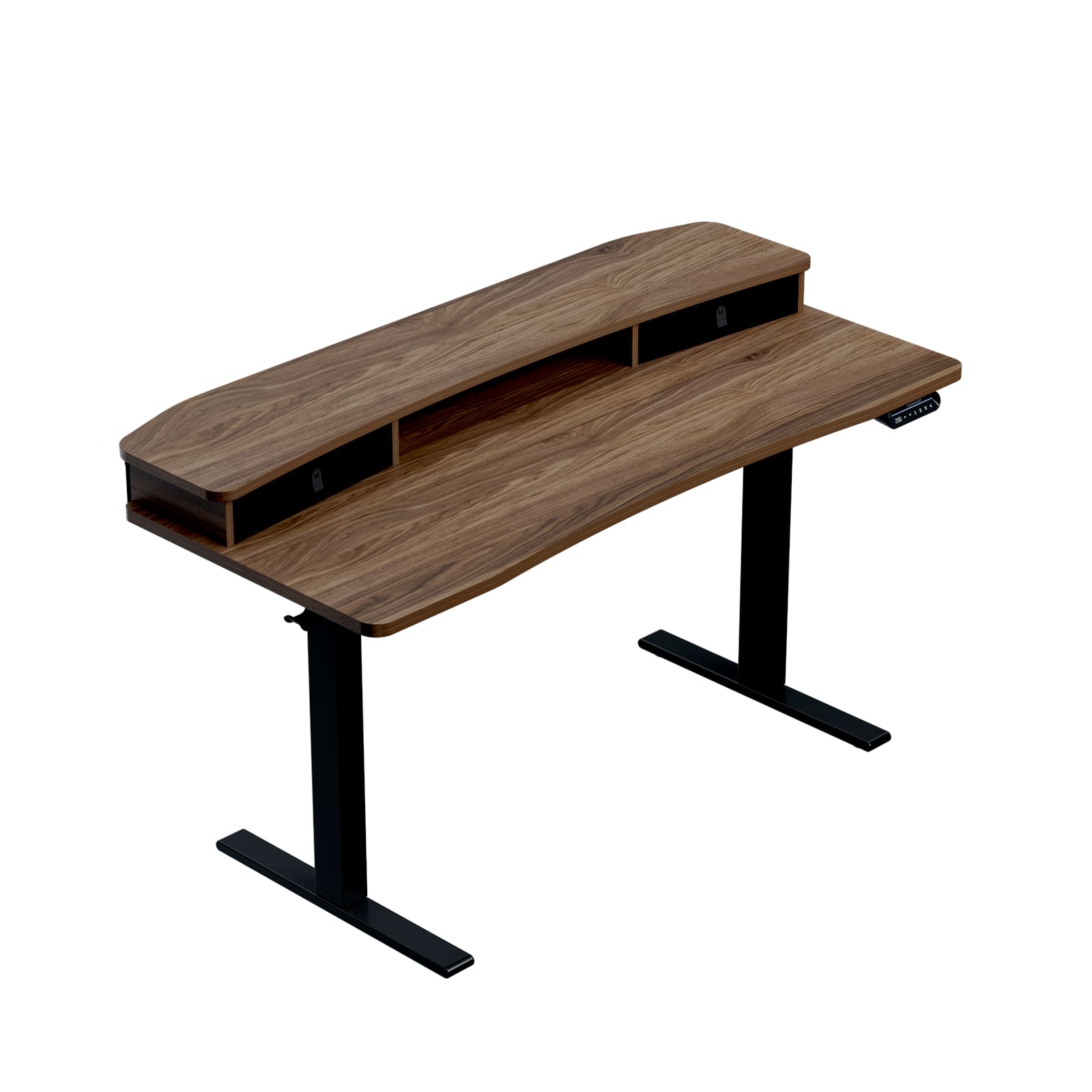 Front. HUANUO - Adjustable Standing Desk with Riser & Drawers - 55″ x 26″ - Walnut.