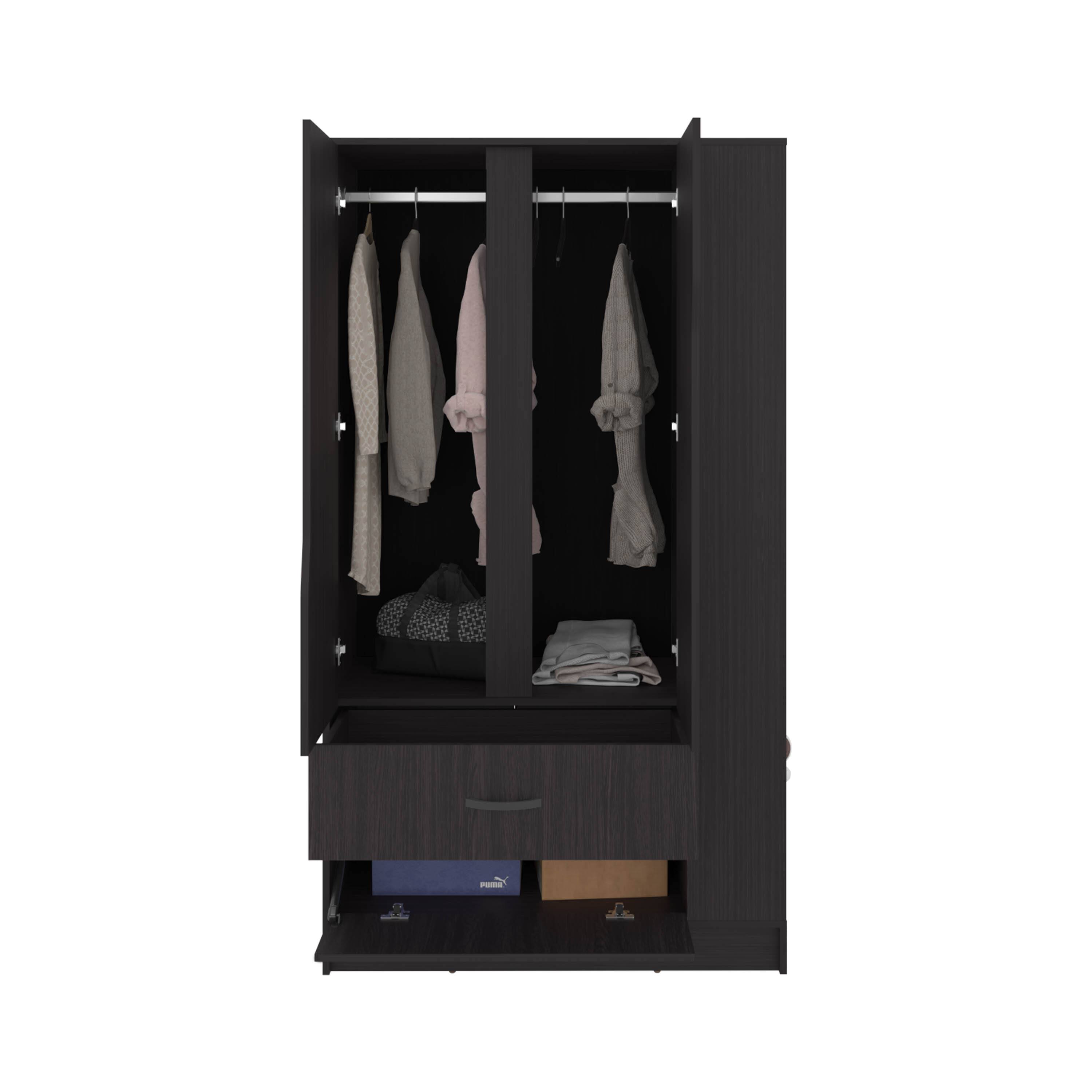 Angle. TuHome - Dakota Armoire With Double Doors, Hanging Rod And Interior Shelves, Freestanding Modern Wardrobe - Black.