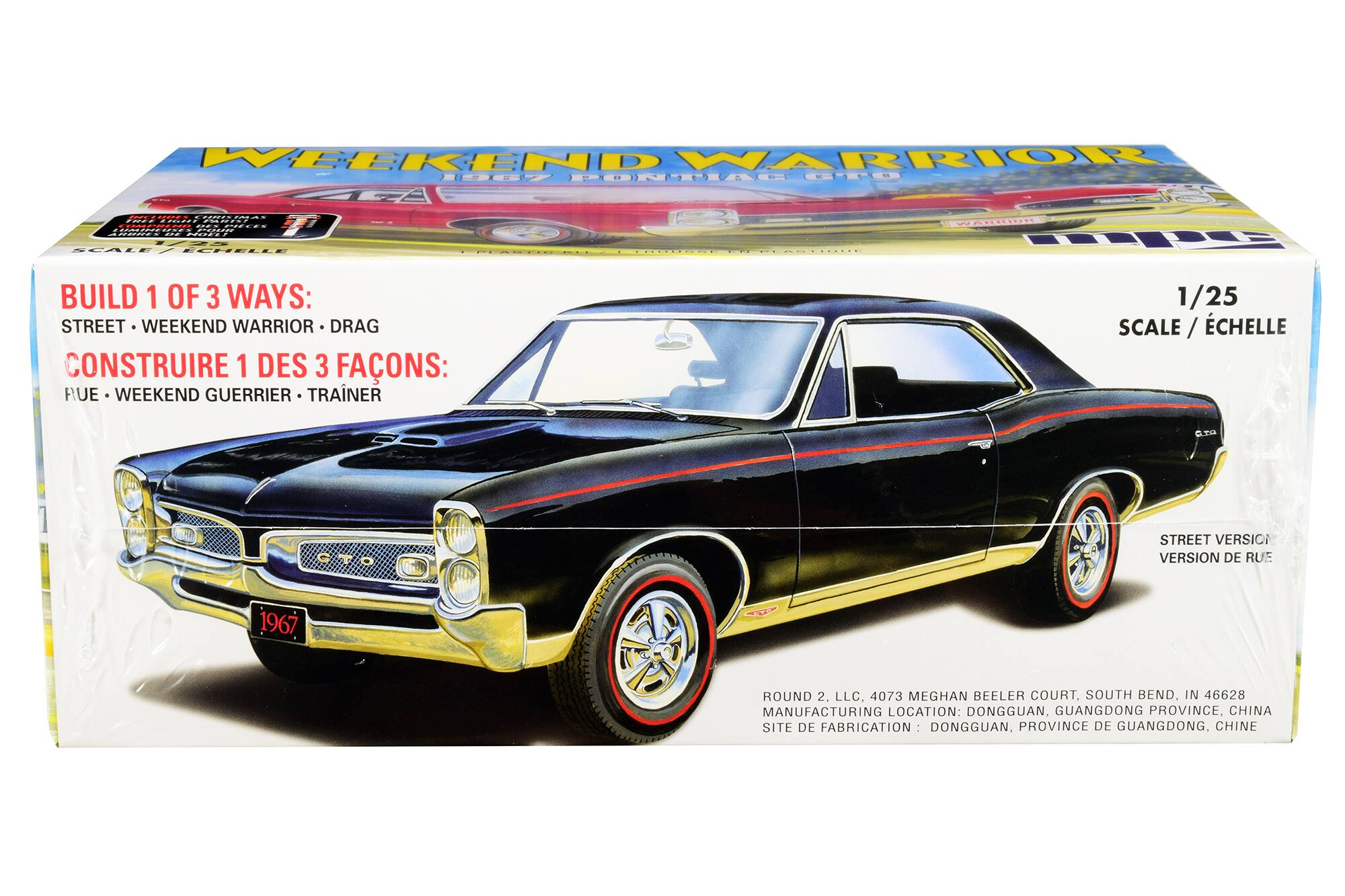 WEEKEND WARRIOR 1067 PONTIAC 0 CC  
N : N.I. : 0OE C- I : ......  
SLALE TEDEILE IT BUILD 1 OF 3 WAYS: STREET WEEKEND WARRIOR DRAG  
CONSTRUIRE 1 DES 3 FAONS: RUE WEEKEND GUERRIER TRANER  
1/25 SCALE / CHELLE  
CITDIN STREET VERSION VERSION DE RUE 1967  
ROUND 2, LLC, 4073 MEGHAN BEELER COURT, SOUTH BEND, IN 46628  
MANUFACTURING LOCATION: DONGGUAN, GUANGDONG PROVINCE, CHINA  
SITE DE FABRICATION DONGGUAN, PROVINCE DE GUANGDONG, CHINE