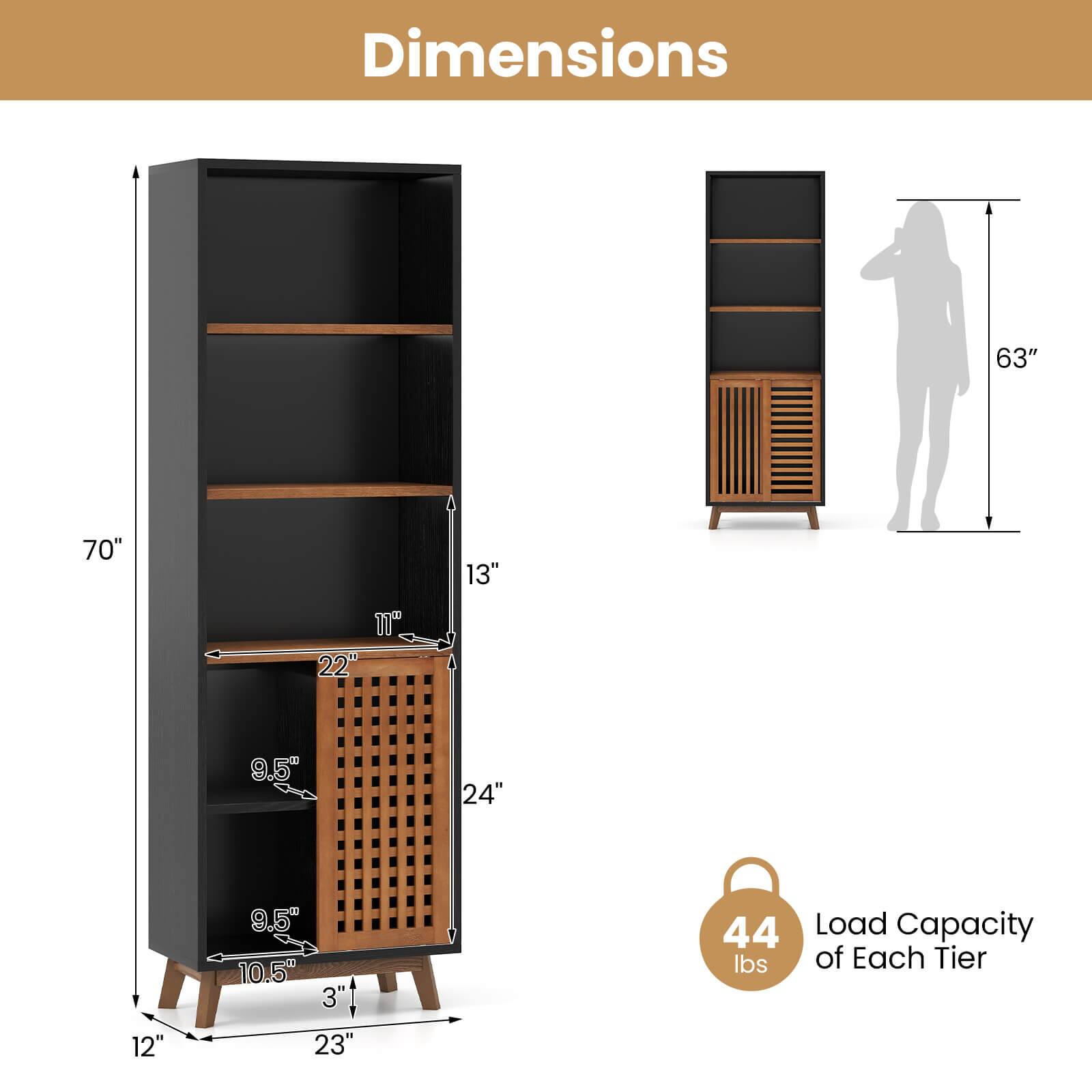 Dimensions:  
- Height: 70"  
- Width: 23"  
- Depth: 12"  
- Shelf 1: 13" (Height)  
- Shelf 2: 22" (Height)  
- Shelf 3: 24" (Height)  
- Shelf 4: 9.5" (Height)  
- Shelf 5: 9.5" (Height)  
- Shelf 6: 10.5" (Height)  
- Overall Height: 63"  

Load Capacity of Each Tier: 44 lbs