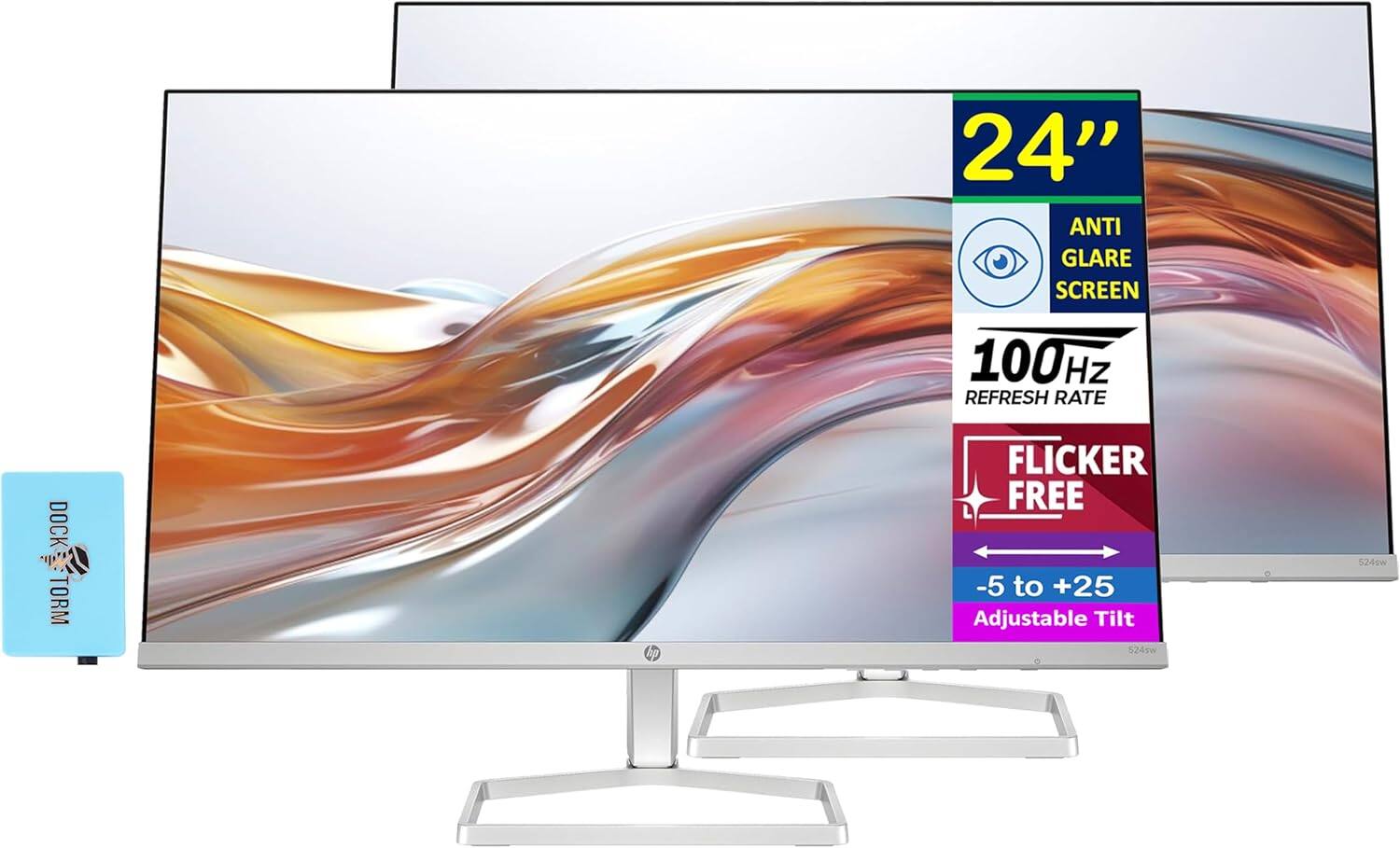 HP - Series 5 524sw 24" FHD IPS Monitor, Flicker Free, Anti-Glare, VGA, HDMI & DKZ Hub, (94C21AA#ABA) 2 Pack - White/Silver