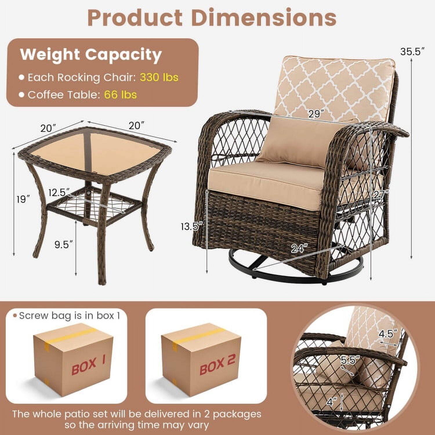 Product Dimensions

Weight Capacity
- Each Rocking Chair: 330 lbs
- Coffee Table: 66 lbs

Dimensions
- Coffee Table: 20" x 20" x 19" (H)
- Rocking Chair: 35.5" (H) x 29" (W) x 24" (D)

Screw bag is in box 1

The whole patio set will be delivered in 2 packages so the arriving time may vary

BOX 1
BOX 2